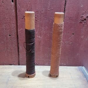 Vintage Wooden Textile Spools Lot of 2 Primitive 12 1/2" (with thread)